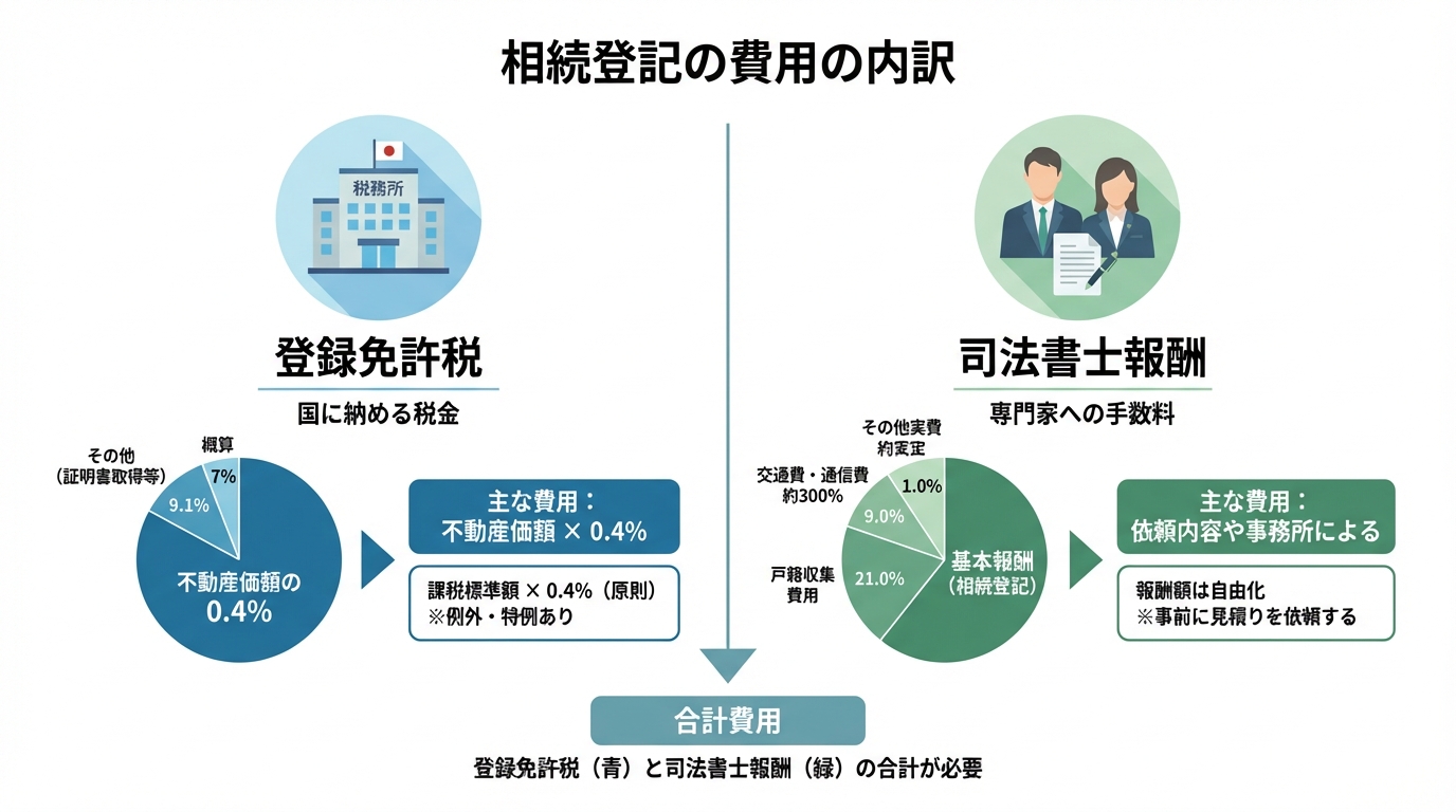 相続登記の費用は「登録免許税」と「司法書士報酬」の2つで構成されていることを示す図解。
