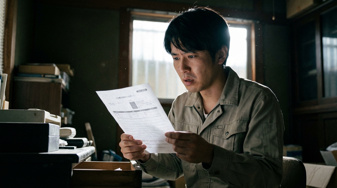 故人の遺品から借金の明細書を見つけてしまい、不安な表情を浮かべる相続人