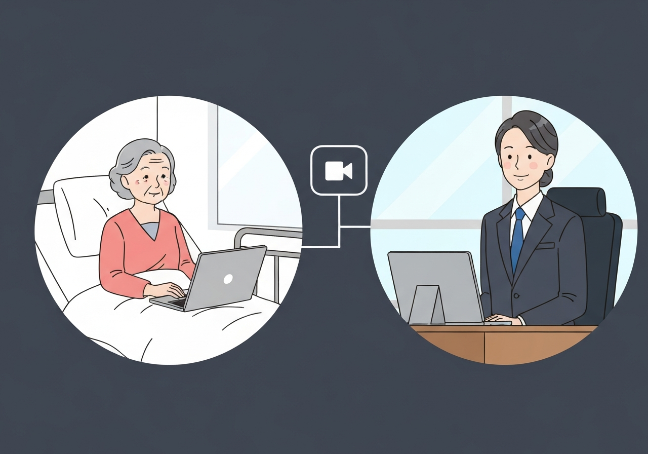ウェブ会議システムを利用して病院から公正証書遺言を作成する様子を表現したイラスト。