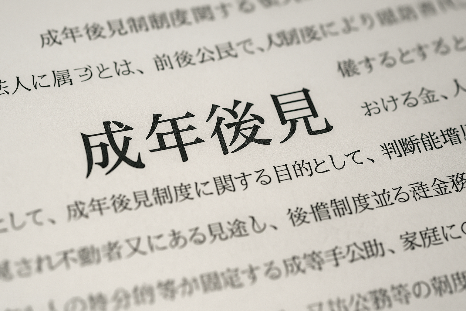 成年後見制度に関する法律書類のクローズアップ写真。「成年後見」の文字がはっきりと写っている。