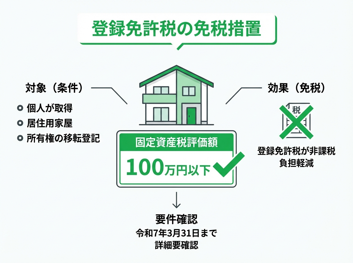 固定資産税評価額が100万円以下の土地は、相続登記の登録免許税が免税になることを示す図解。