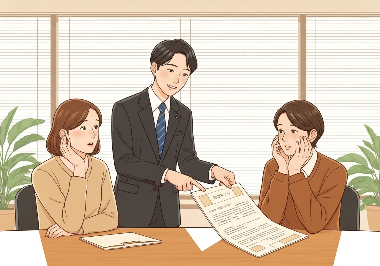 司法書士が依頼者に古い仮登記の抹消手続きについて丁寧に説明し、依頼者が安心している様子。