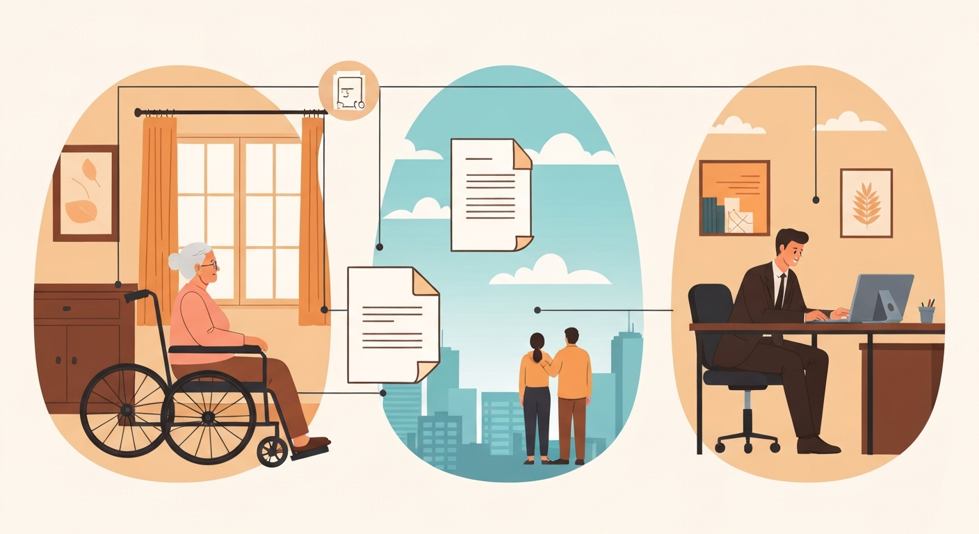 体が不自由な方、遠方に住む家族、日中忙しい方など、法改正のメリットを活かせる様々なケースを示したイラスト。