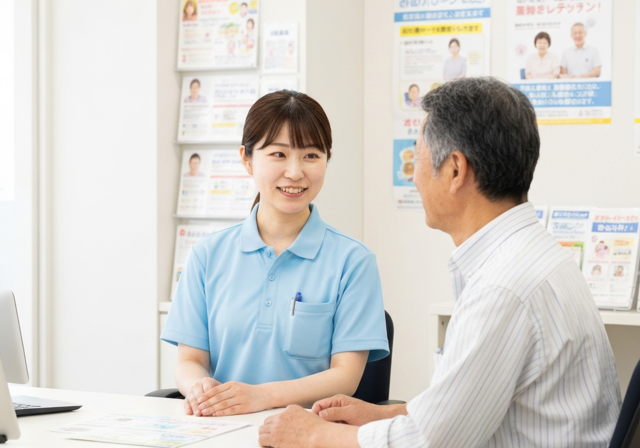 地域包括支援センターの相談窓口で、専門スタッフに友人の状況を相談している様子。
