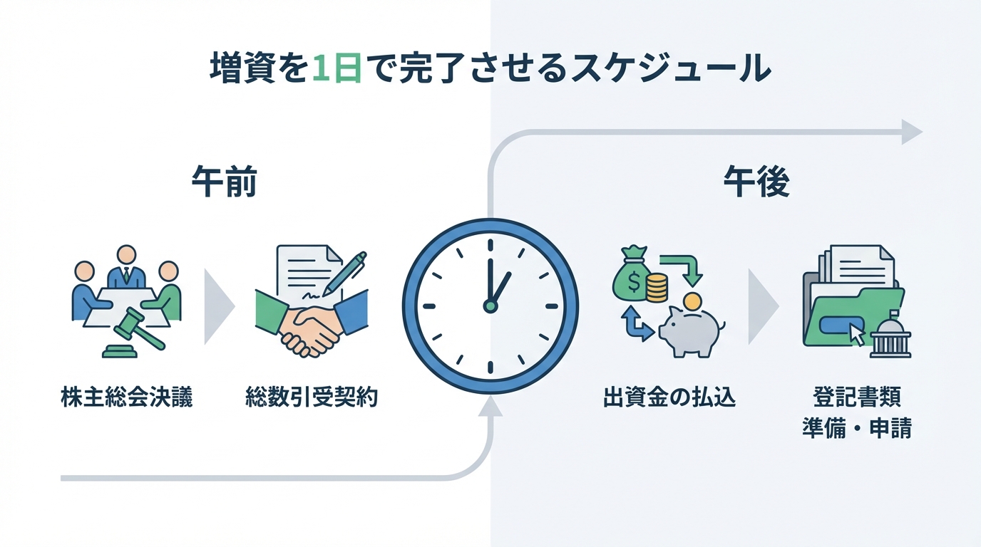 総数引受契約を利用した1日での増資手続きのタイムスケジュール
