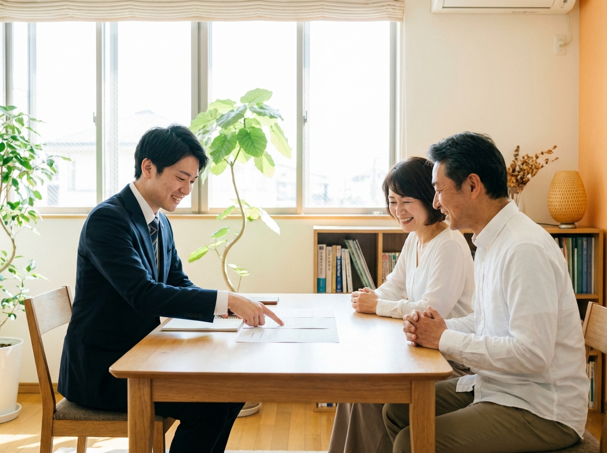 司法書士に相続登記の相談をし、安心している夫婦の様子。