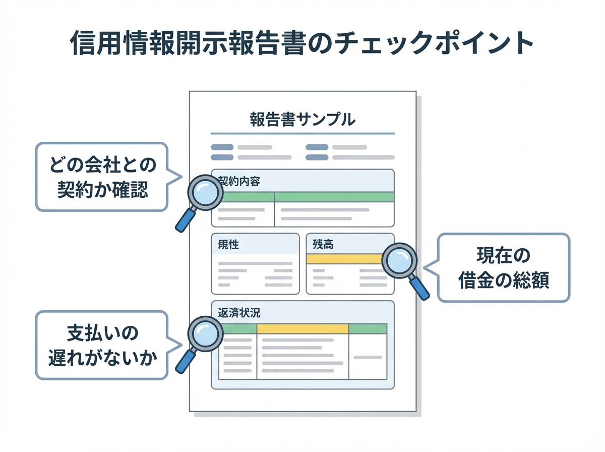 信用情報開示報告書で確認すべき重要な3つのポイント(契約内容、残高、返済状況)を示した図解。