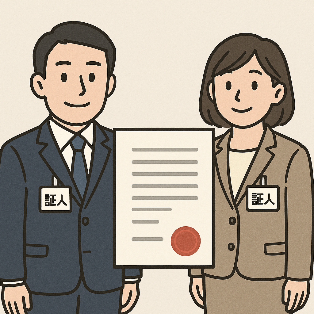 公正証書遺言の作成に必要な証人2名を表すイラスト。信頼できる専門家がサポートするイメージ。