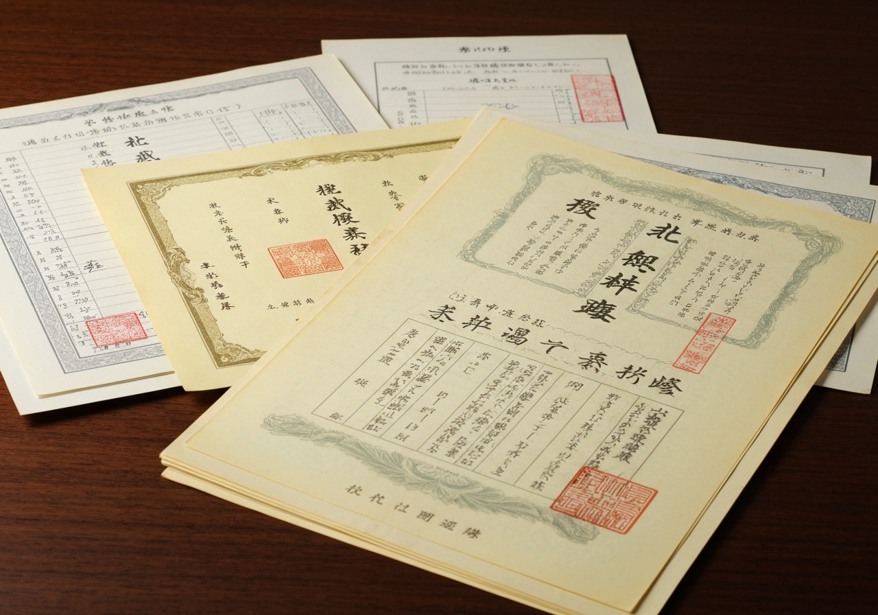 古い登記済権利証や戸籍の附票の束。住所の沿革を証明する書類の収集が複雑であることを表しています。