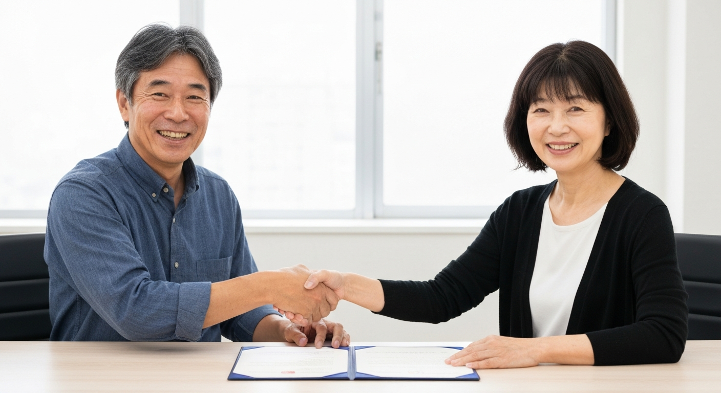 友人同士が任意後見契約を結び、公証役場で安心した表情で握手をしている場面。