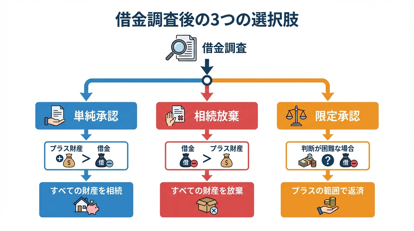 故人の借金調査後に相続人が取れる3つの選択肢(単純承認、相続放棄、限定承認)とその条件を比較した図解。