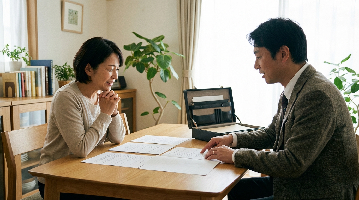 司法書士が相談者の自宅を訪問し、無料相談に乗っている様子。