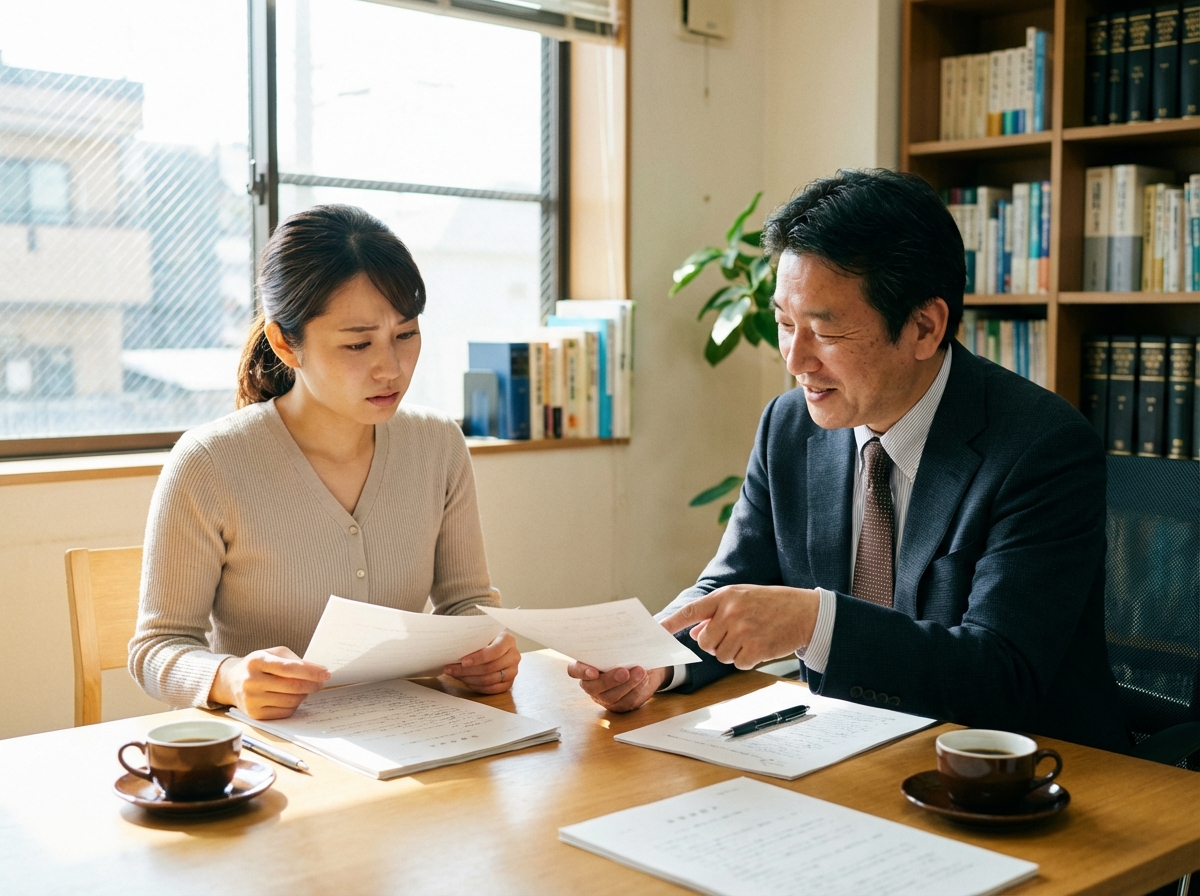 離婚の財産分与について司法書士に相談している女性。