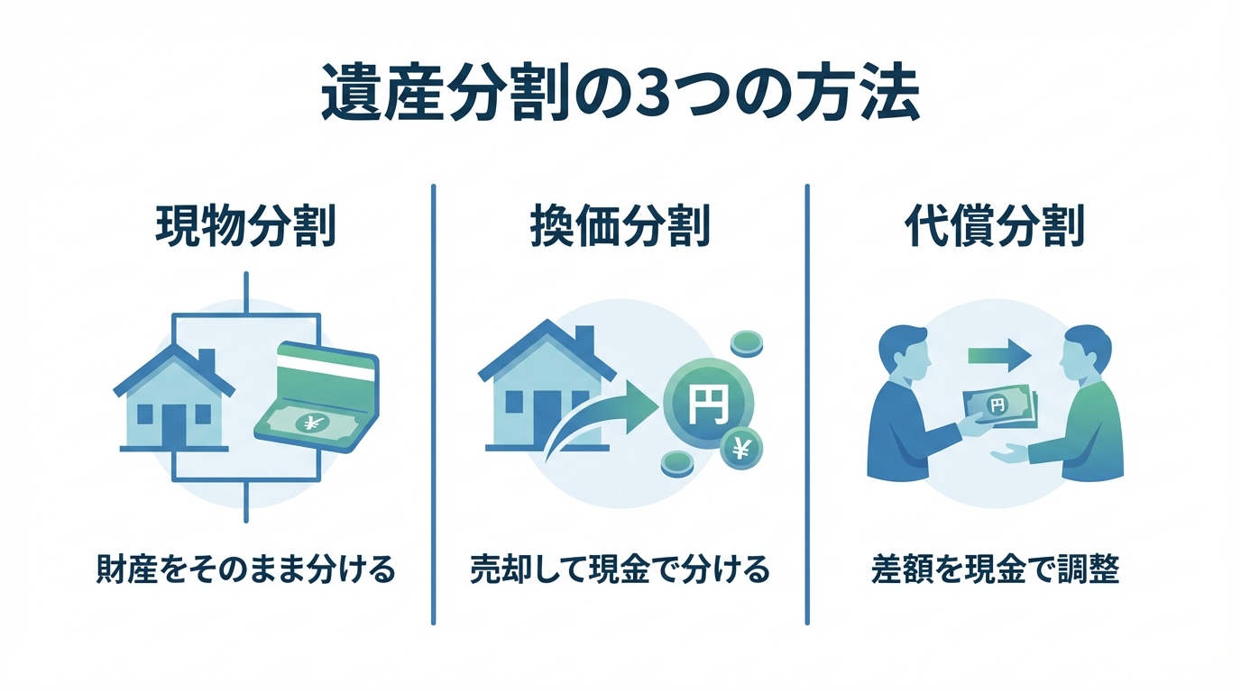 遺産分割の3つの方法「現物分割」「換価分割」「代償分割」をアイコンと簡単な説明で比較した図解。