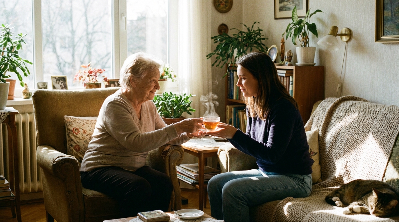 若い女性からサポートを受ける高齢の女性。負担付死因贈与の「負担」である介護や生活の面倒を象徴するイメージ。