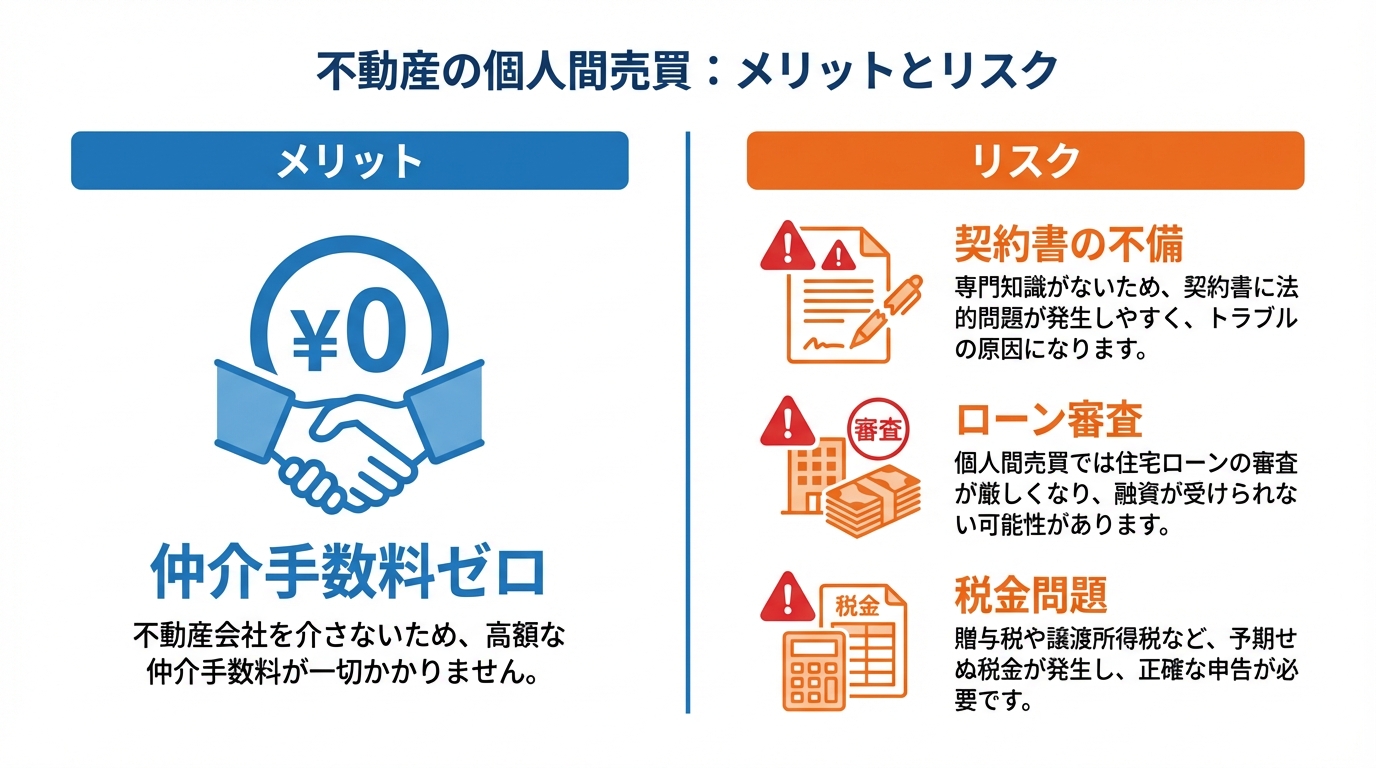 不動産個人間売買のメリット(仲介手数料ゼロ)とデメリット(契約不備・ローン・税金などのリスク)を比較した図解。