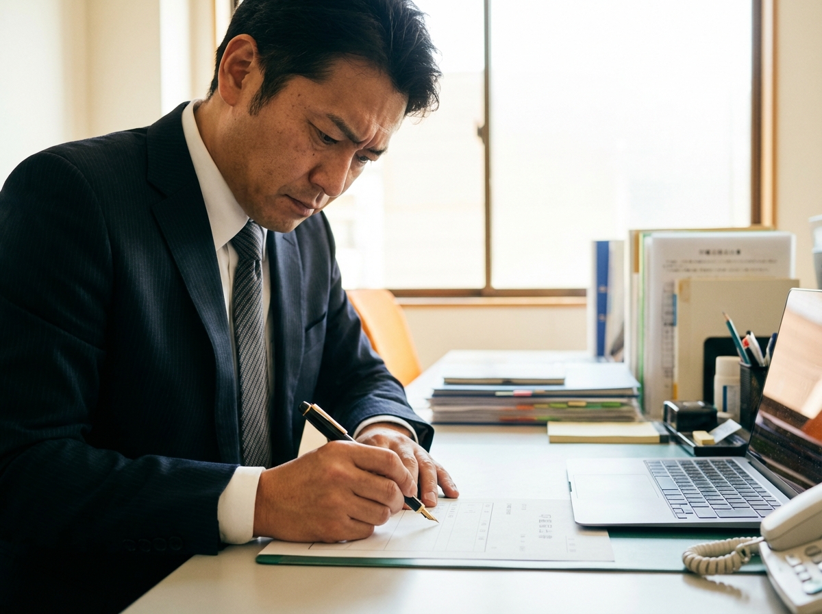 会社の代表者が法務局の印鑑届出書に記入している様子。