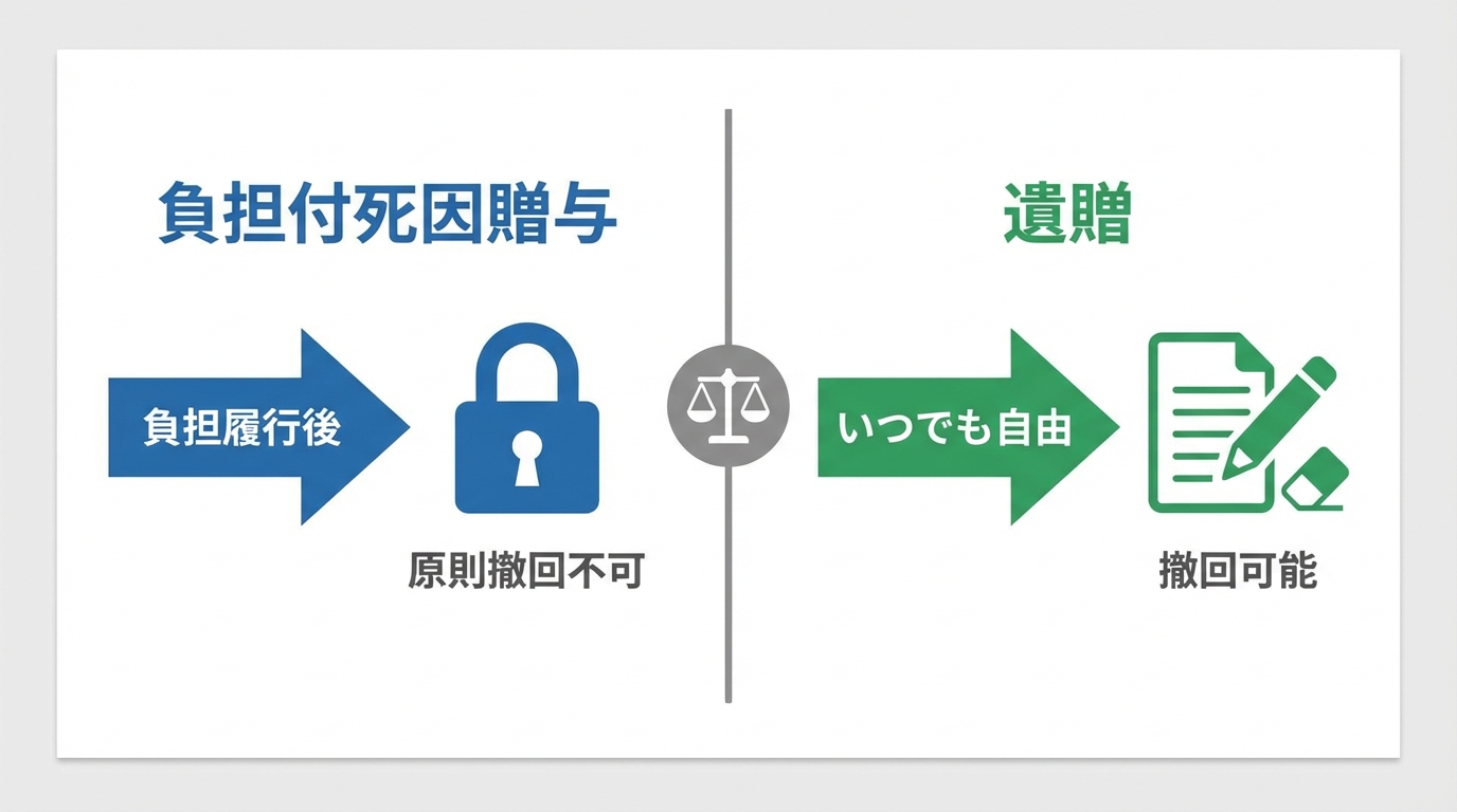 負担付死因贈与と遺贈の撤回の違いを図解したインフォグラフィック。負担履行後の死因贈与は撤回が難しく、遺贈はいつでも自由に撤回できることを示している。