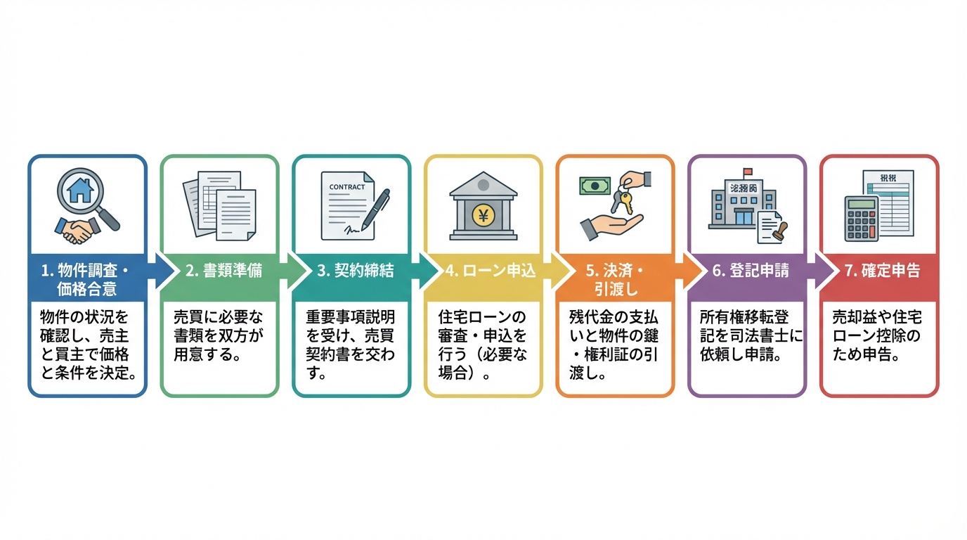 不動産個人間売買の7つのステップ(物件調査から確定申告まで)を時系列で示したフローチャート。