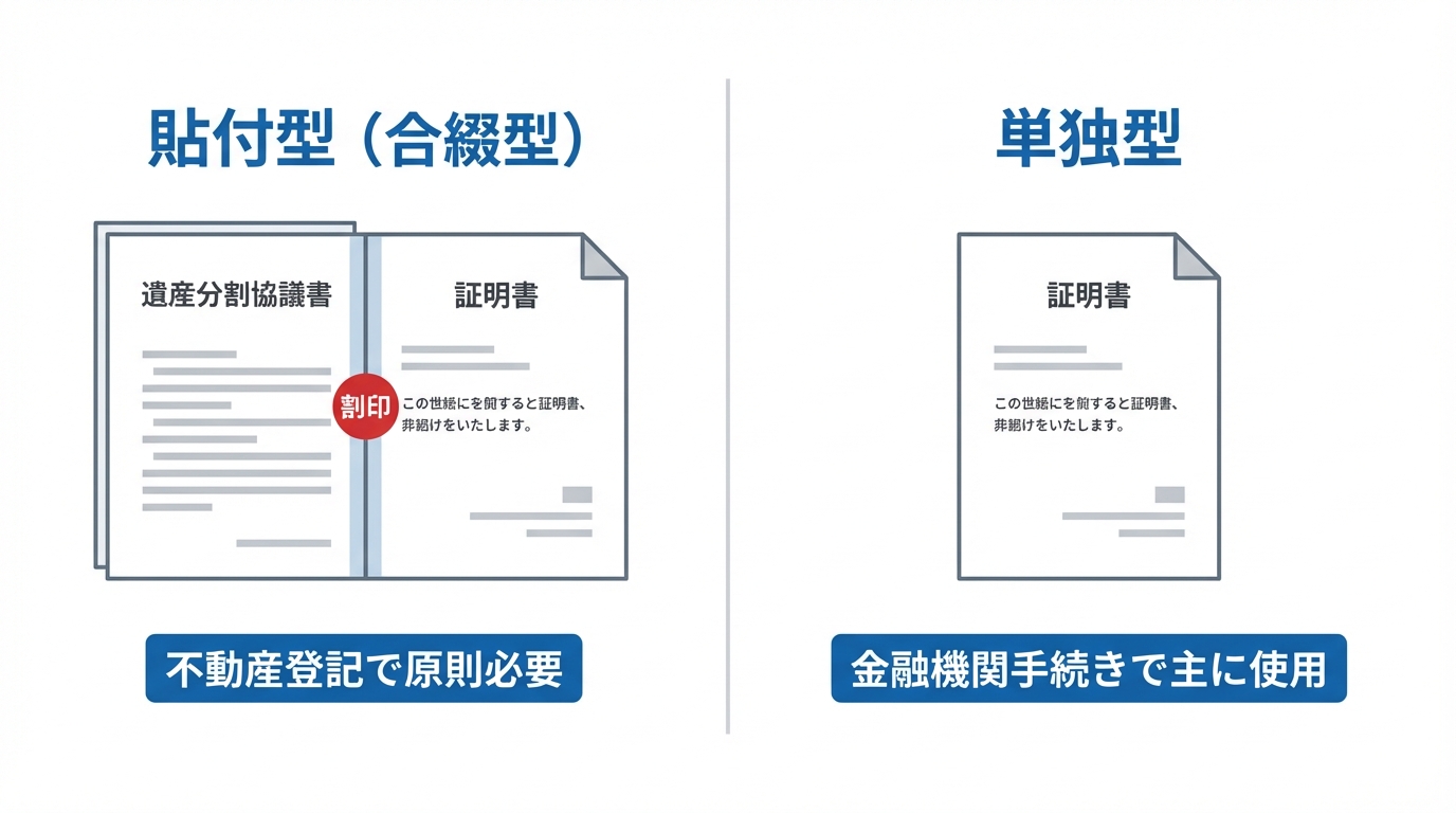署名証明書の「貼付型(合綴型)」と「単独型」の違いを比較する図解。