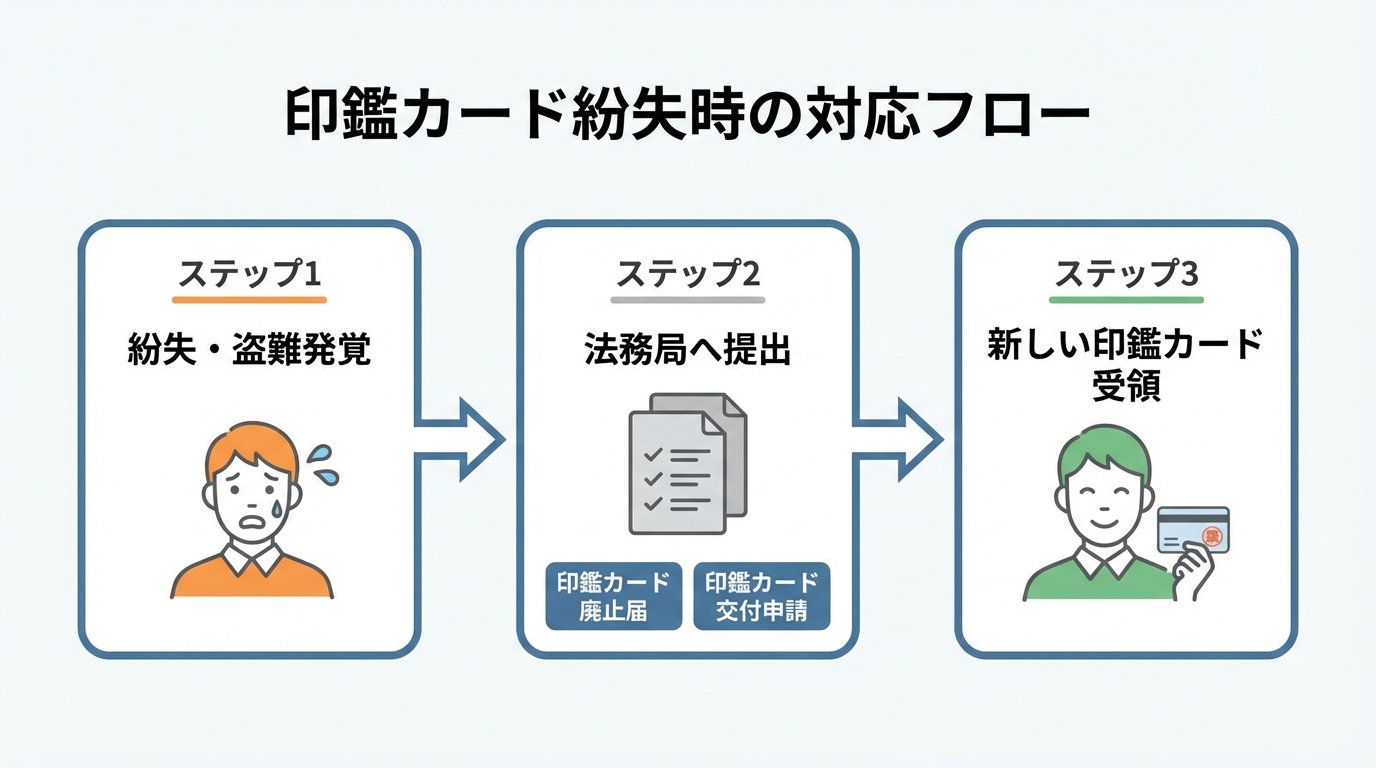 印鑑カードを紛失した場合の対応手順を示したフローチャート。