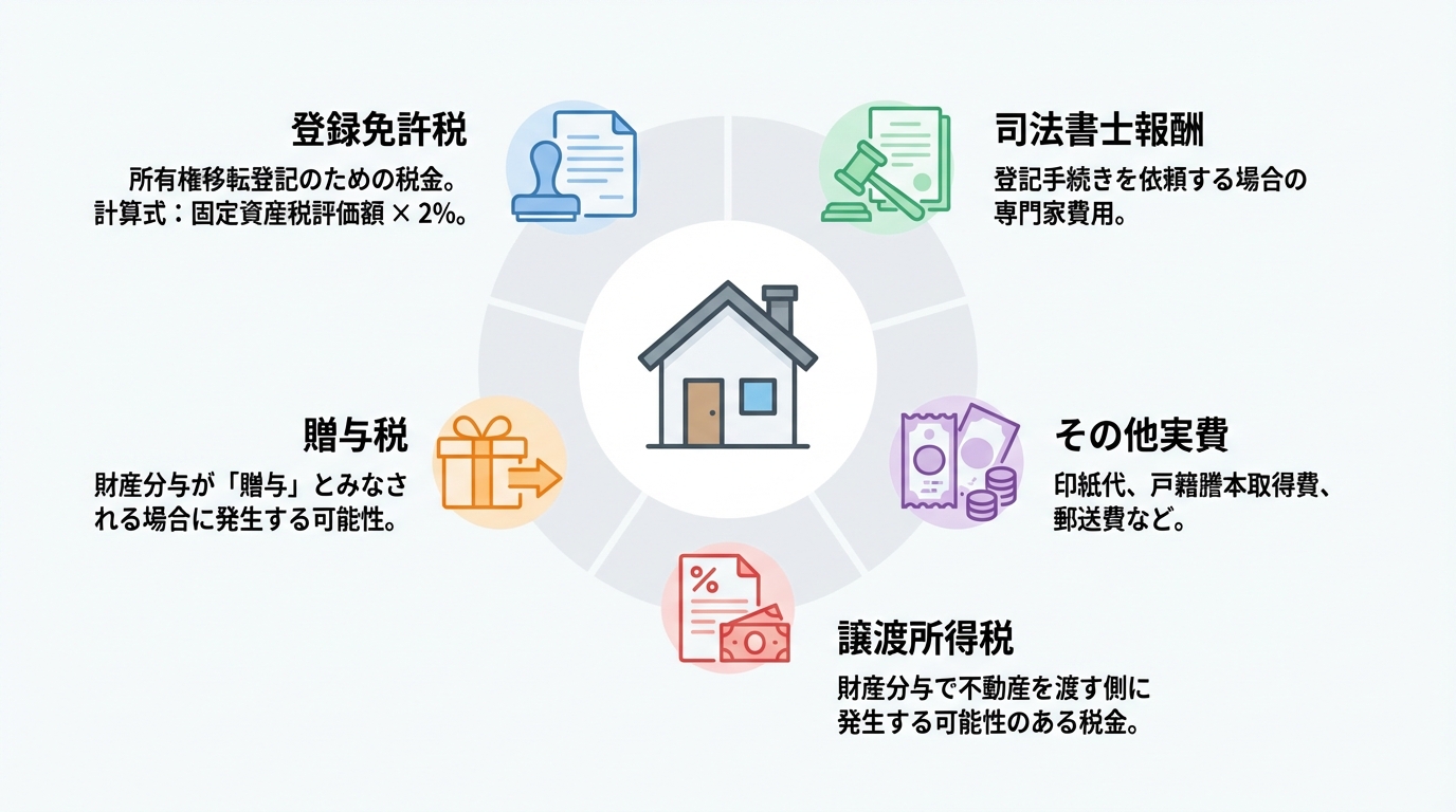 不動産の財産分与にかかる費用と税金のまとめ。登録免許税、司法書士報酬、贈与税、譲渡所得税について説明しています。