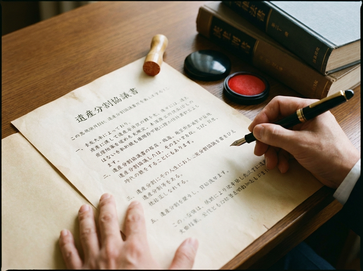 遺産分割協議書に署名している様子。法的に有効な書類を作成する重要性を示している。