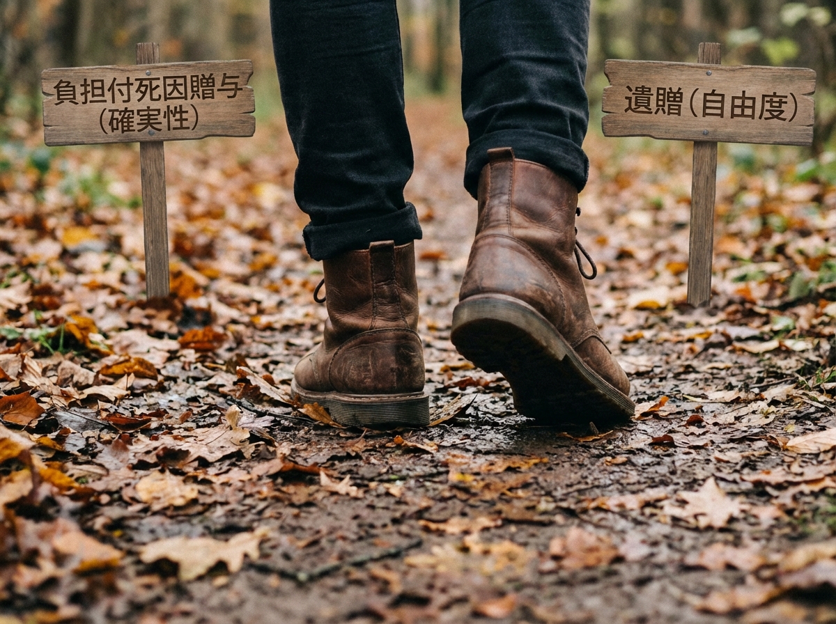 「負担付死因贈与」と「遺贈」という二つの選択肢が書かれた道標の前に立つ人物。どちらの方法を選ぶべきか検討している様子。