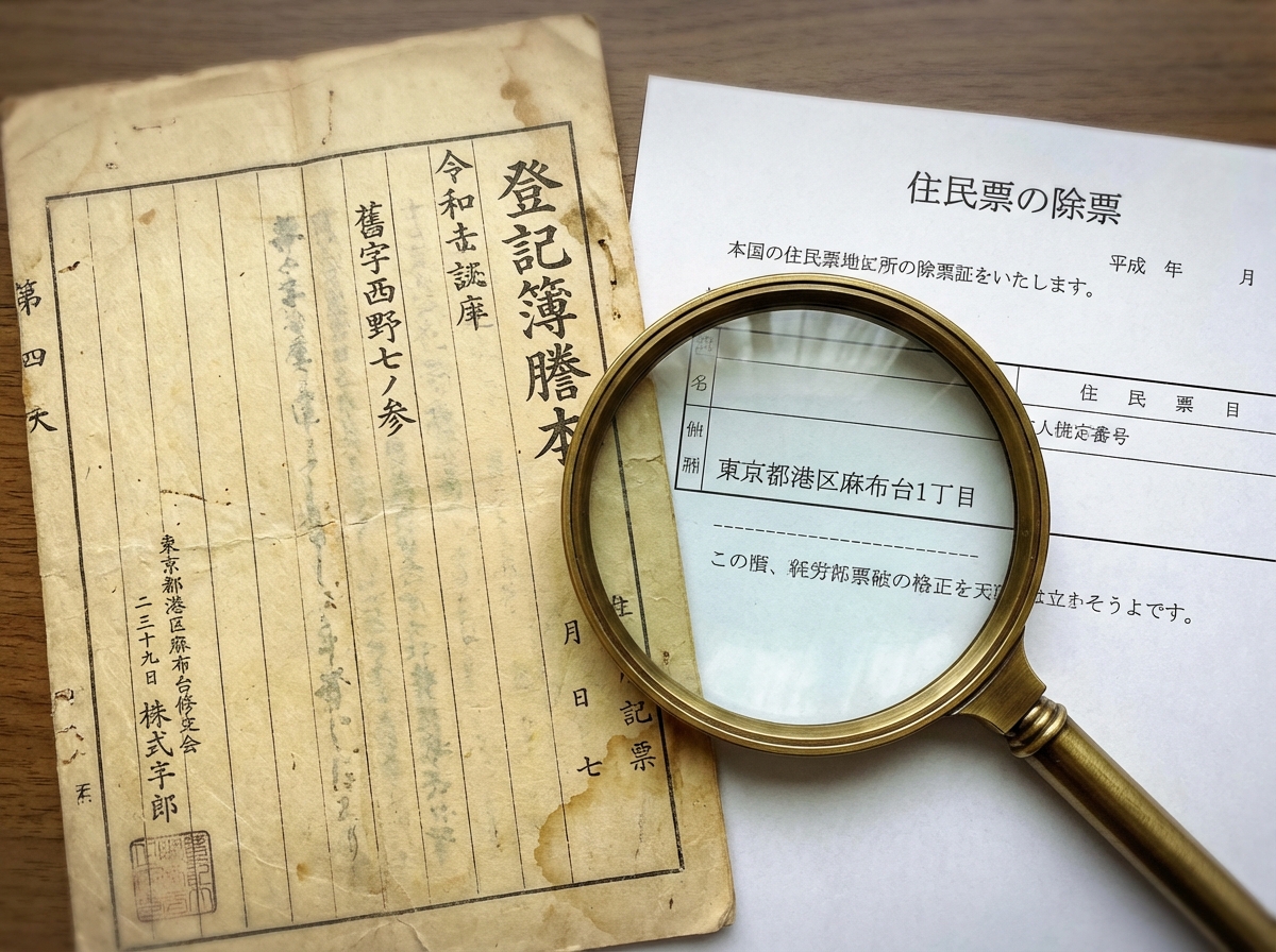 登記簿上の古い住所と最終住所が繋がらないことを示す書類のイメージ。