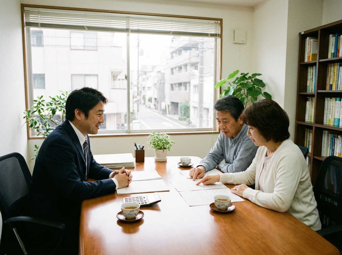 司法書士事務所で専門家に相談している夫婦。相続手続きの不安を専門家が親身に聞いている様子。