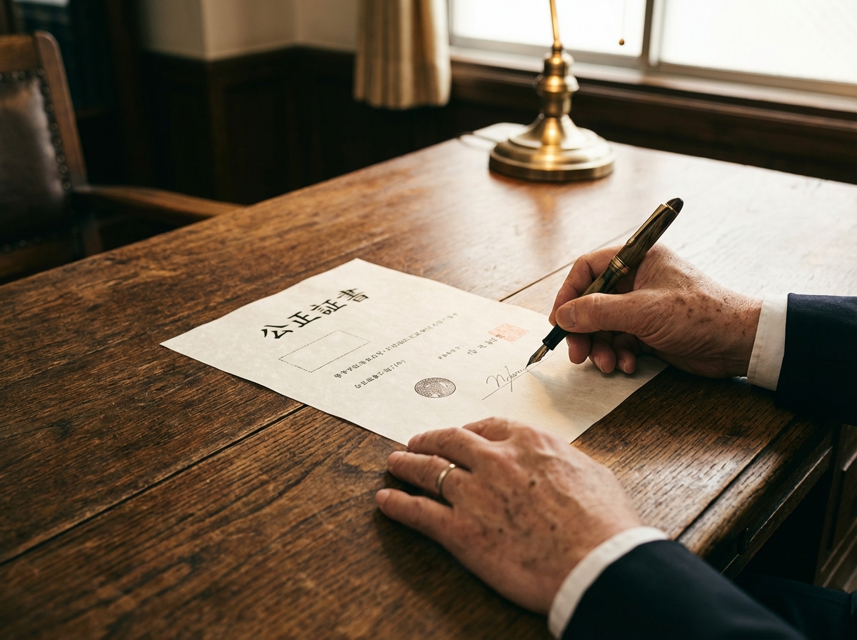 公正証書に署名している手元。負担付死因贈与契約を法的に確実なものにするための手続きを象徴する画像。