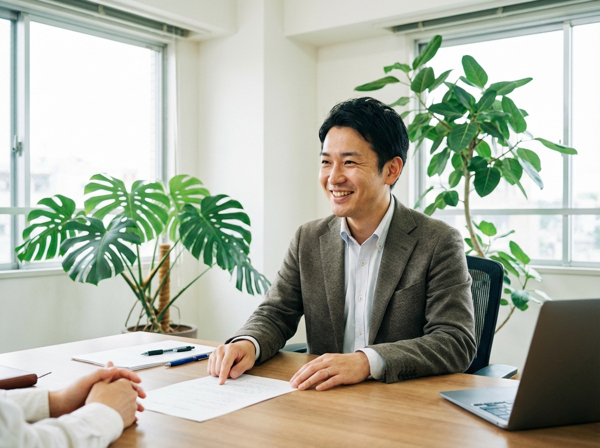 司法書士が不動産個人間売買のサポート内容について親身に説明している。