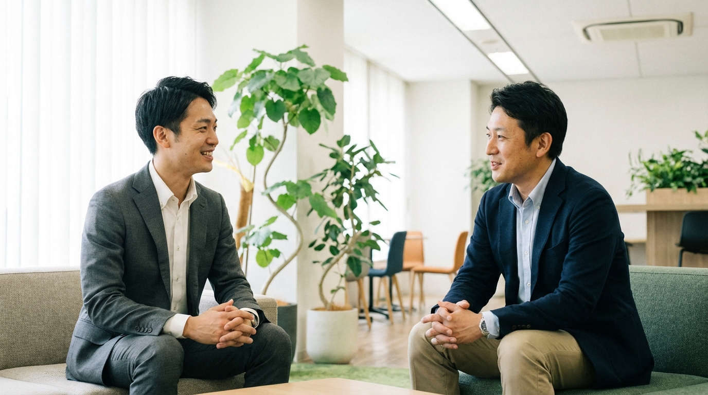 司法書士が依頼者のオフィスで親身に相談に乗っている様子。