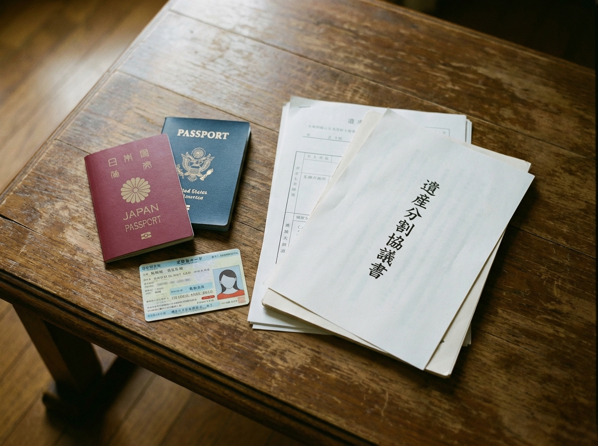不動産登記の国籍証明に必要な書類（パスポート、在留カードなど）がテーブルに並べられている。