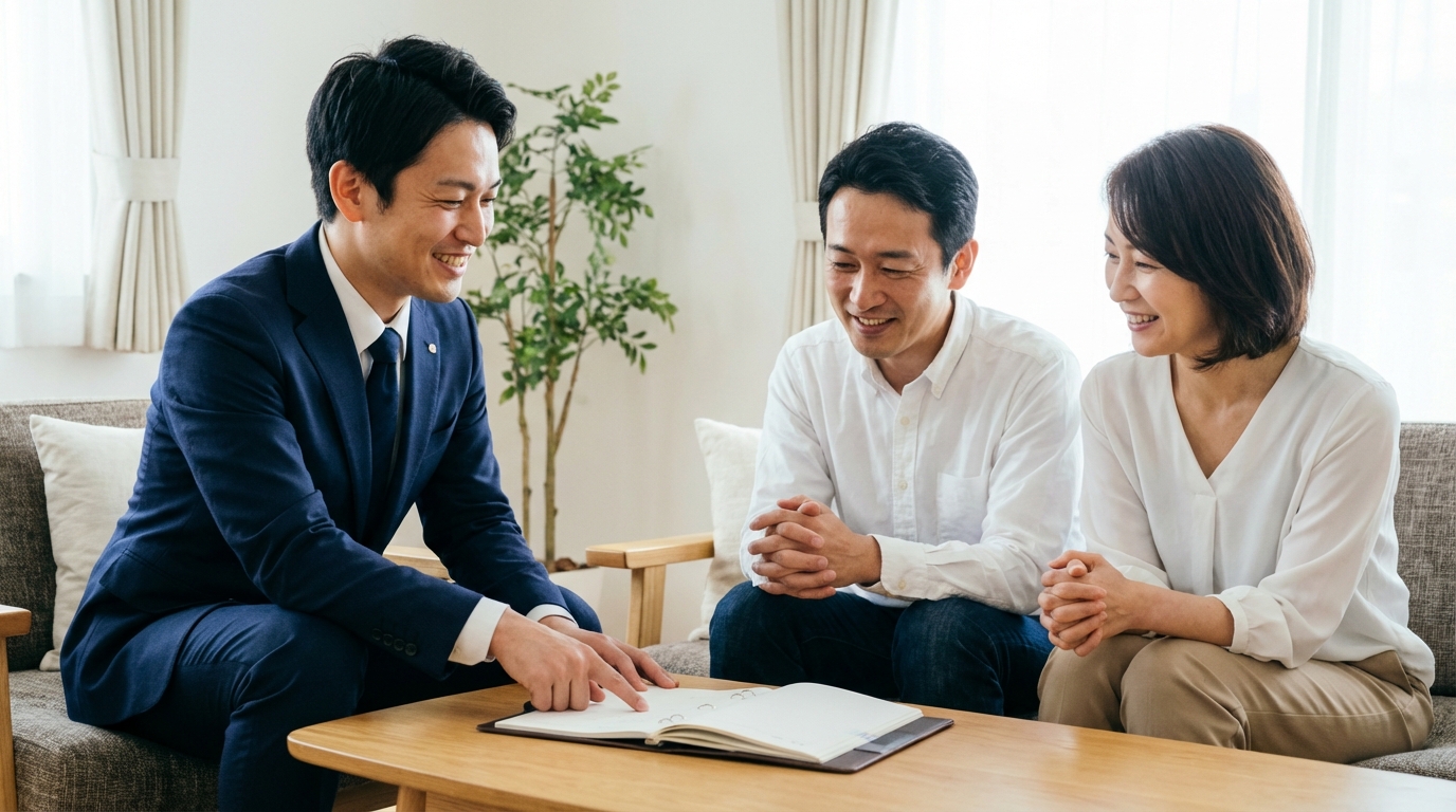 えなみ司法書士事務所の司法書士が無料訪問相談で顧客の相談に乗っている様子。