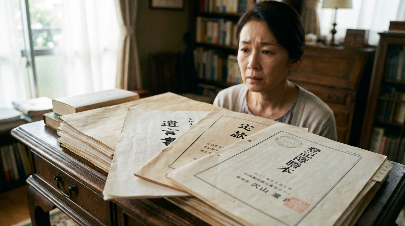 遺言書と会社の書類を前に、今後の手続きについて考えている遺族のイメージ。