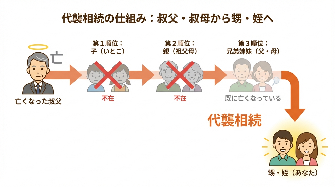 甥・姪が叔父・叔母の相続人になる代襲相続の仕組みを図解したインフォグラフィック。相続順位が第3順位まで下がり、親が亡くなっている場合に甥・姪が相続権を引き継ぐ流れを示している。
