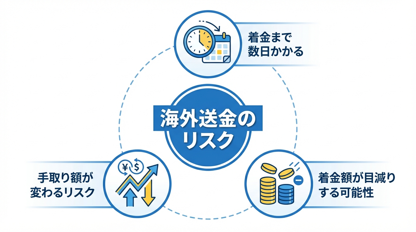 不動産売買における海外送金の3つのリスク(着金までの日数、手数料による目減り、為替変動)をアイコンで分かりやすく示した図解。