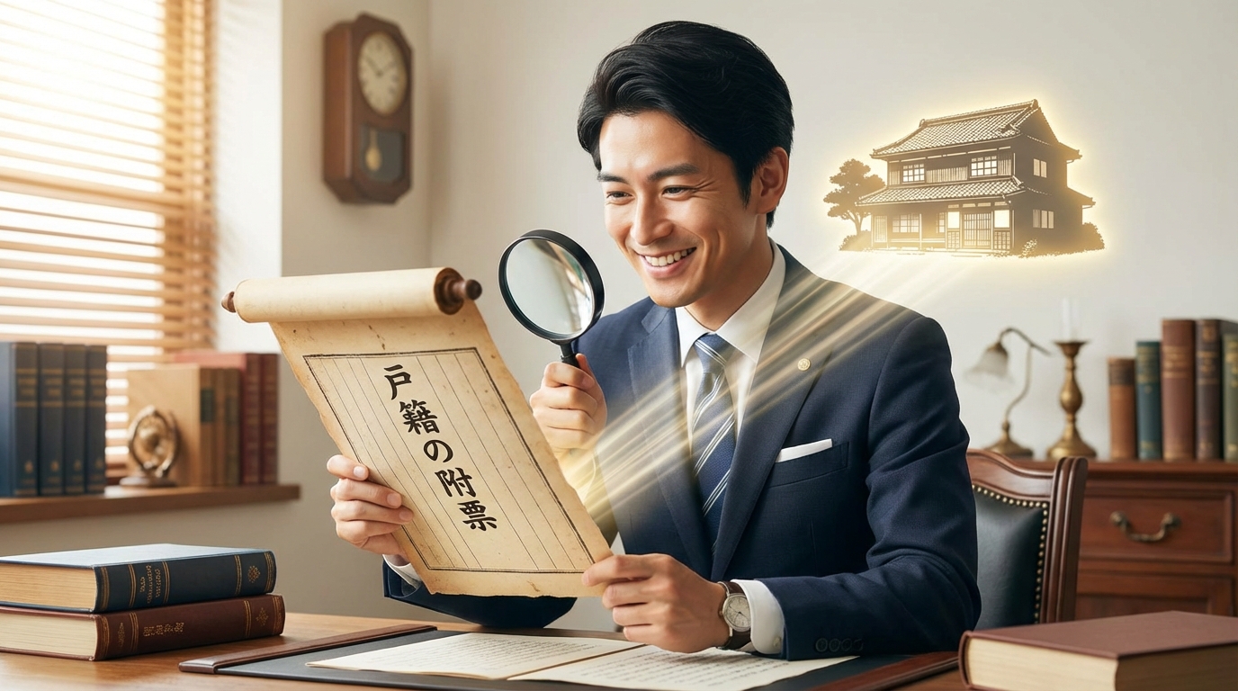 司法書士が戸籍の附票を使い、過去の住所から不動産を調査しているイラスト。専門的なノウハウで問題を解決する様子を表現。