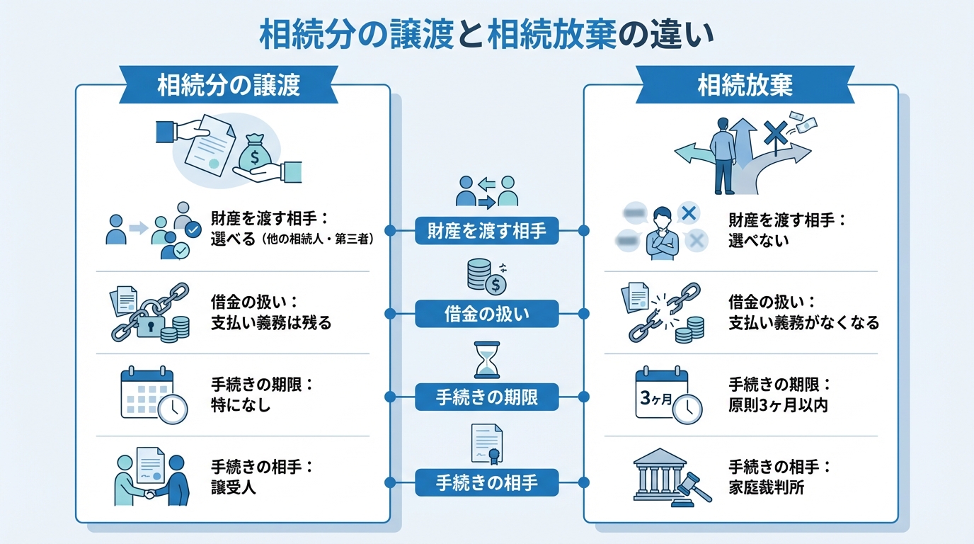 相続分の譲渡と相続放棄の主な違いを比較した図解。財産を渡す相手、借金の扱い、手続きの期限、手続きの相手の4項目でそれぞれの特徴を解説。