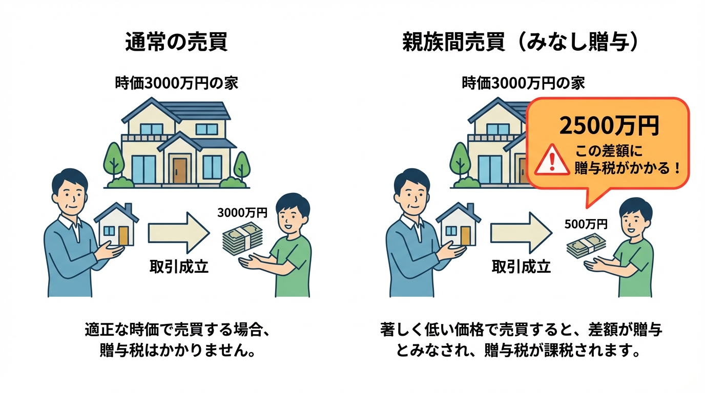 親族間売買で時価より著しく低い価格で取引した場合に「みなし贈与」と判断され、差額に贈与税がかかる仕組みを示した図解。