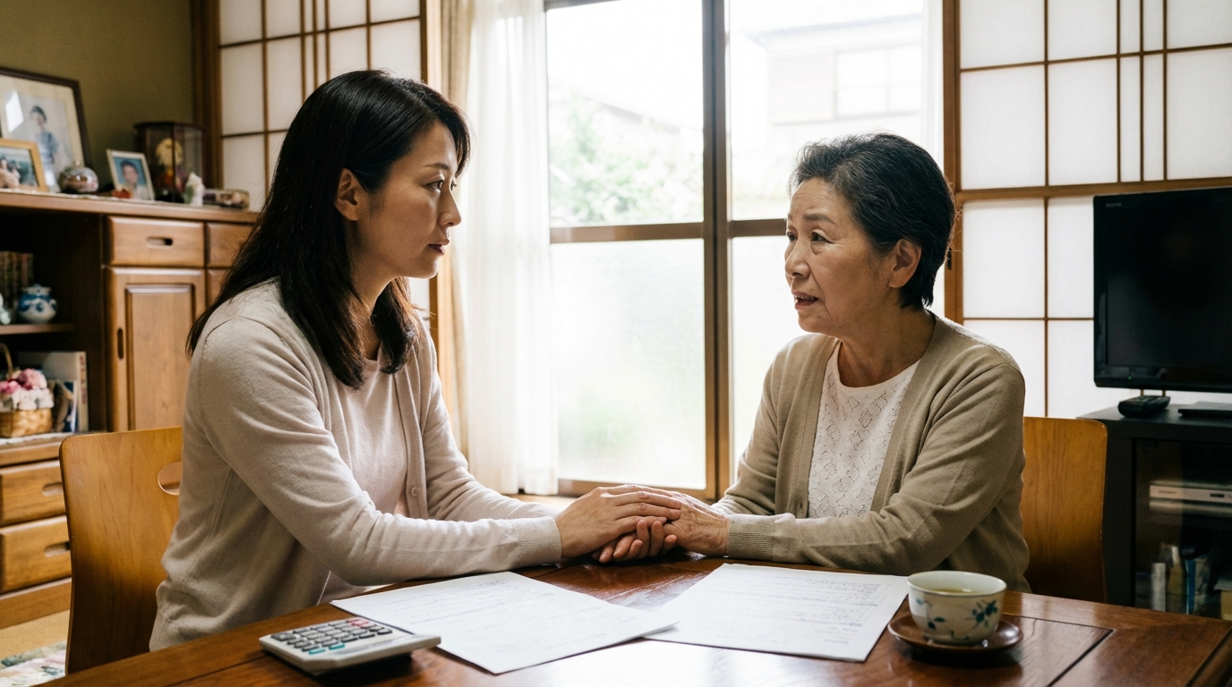 リビングで娘が年配の母親の手を握り、真剣に話を聞いている。将来の不安について親子で話し合うことの重要性を示唆している。