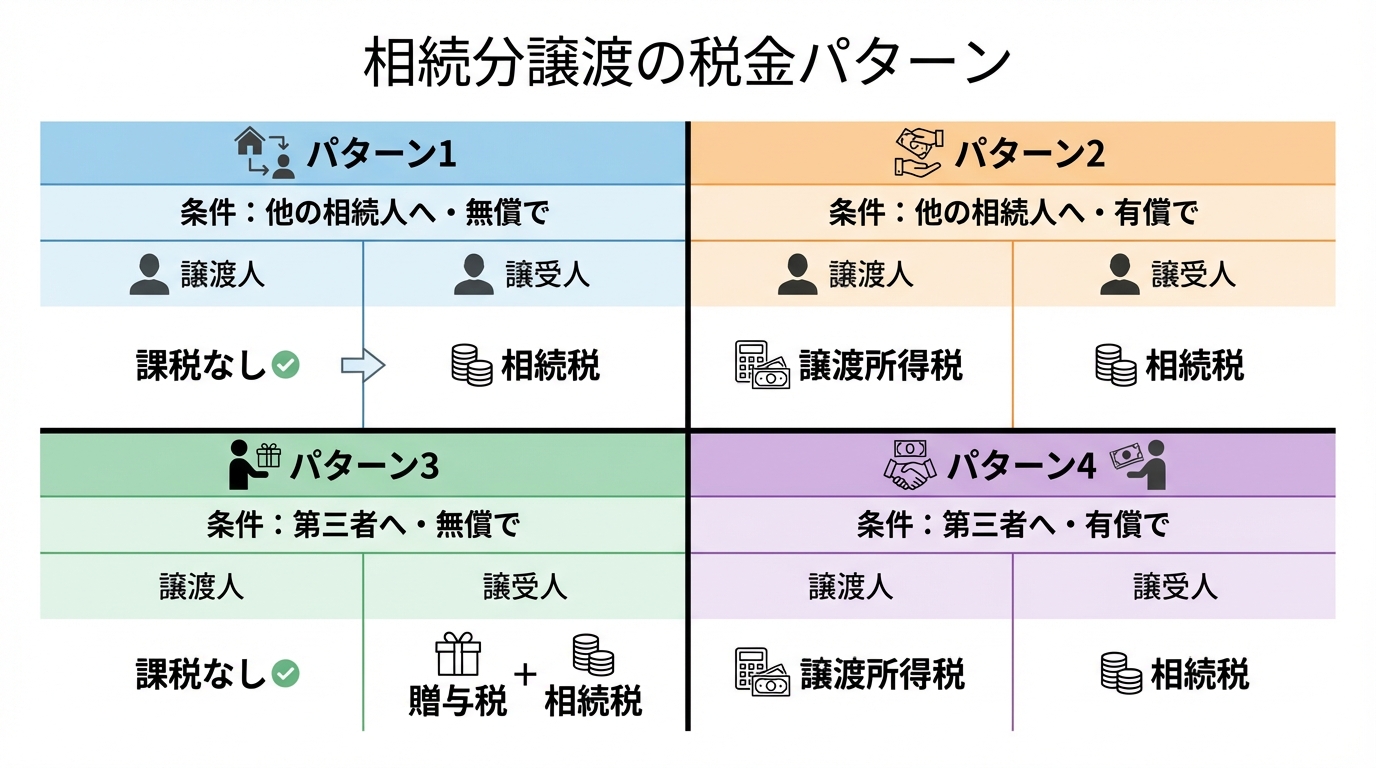 相続分譲渡で発生する税金の種類をパターン別に解説した図解。譲渡相手と対価の有無によって、譲渡人と譲受人にどの税金がかかるかを示している。