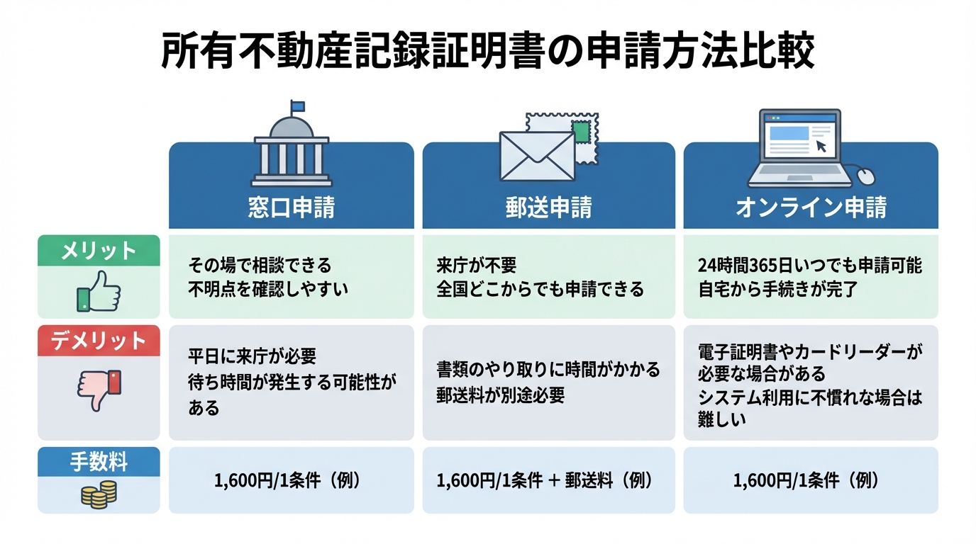 所有不動産記録証明書の申請方法を比較する表。「窓口」「郵送」「オンライン」それぞれのメリット、デメリット、手数料がまとめられている。