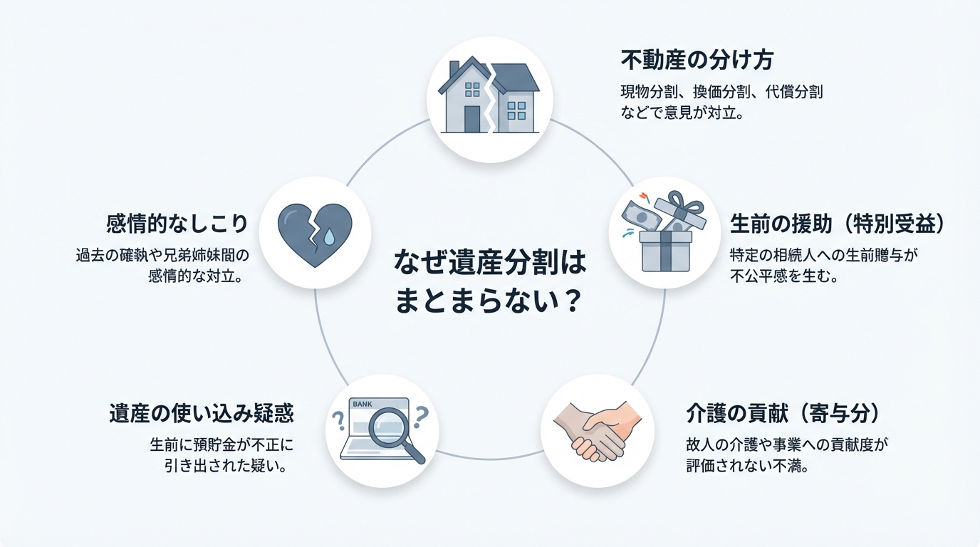 遺産分割協議がまとまらない5つの原因を図解したインフォグラフィック。不動産、特別受益、寄与分、使い込み疑惑、感情的対立がアイコンと共に示されている。