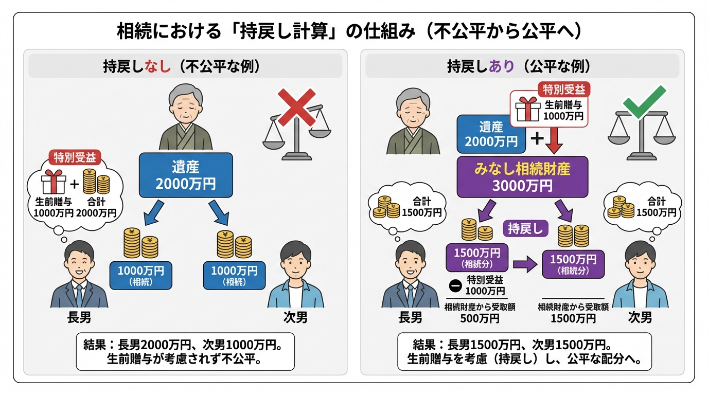 特別受益と持戻しの計算方法を比較した図解。持戻しがない場合は不公平に、持戻し計算をすることで公平な遺産分割ができることを示している。