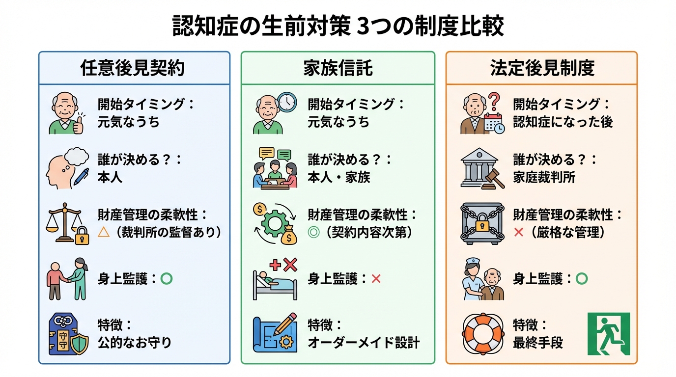 認知症の生前対策である任意後見契約、家族信託、法定後見制度の3つを比較する図解
