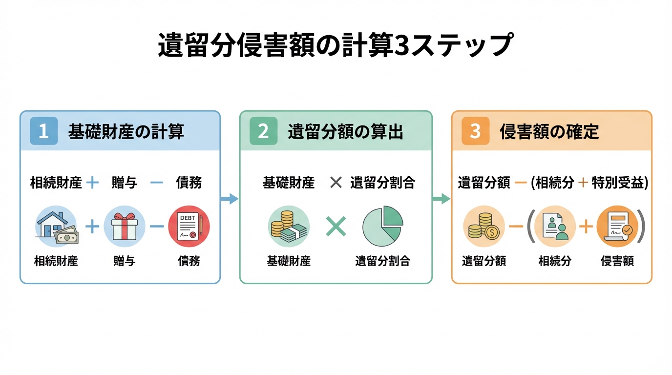 遺留分侵害額を計算するための3つのステップを示した図解。ステップ1で基礎財産を計算し、ステップ2で遺留分額を算出し、ステップ3で最終的な侵害額を確定させる流れを説明している。