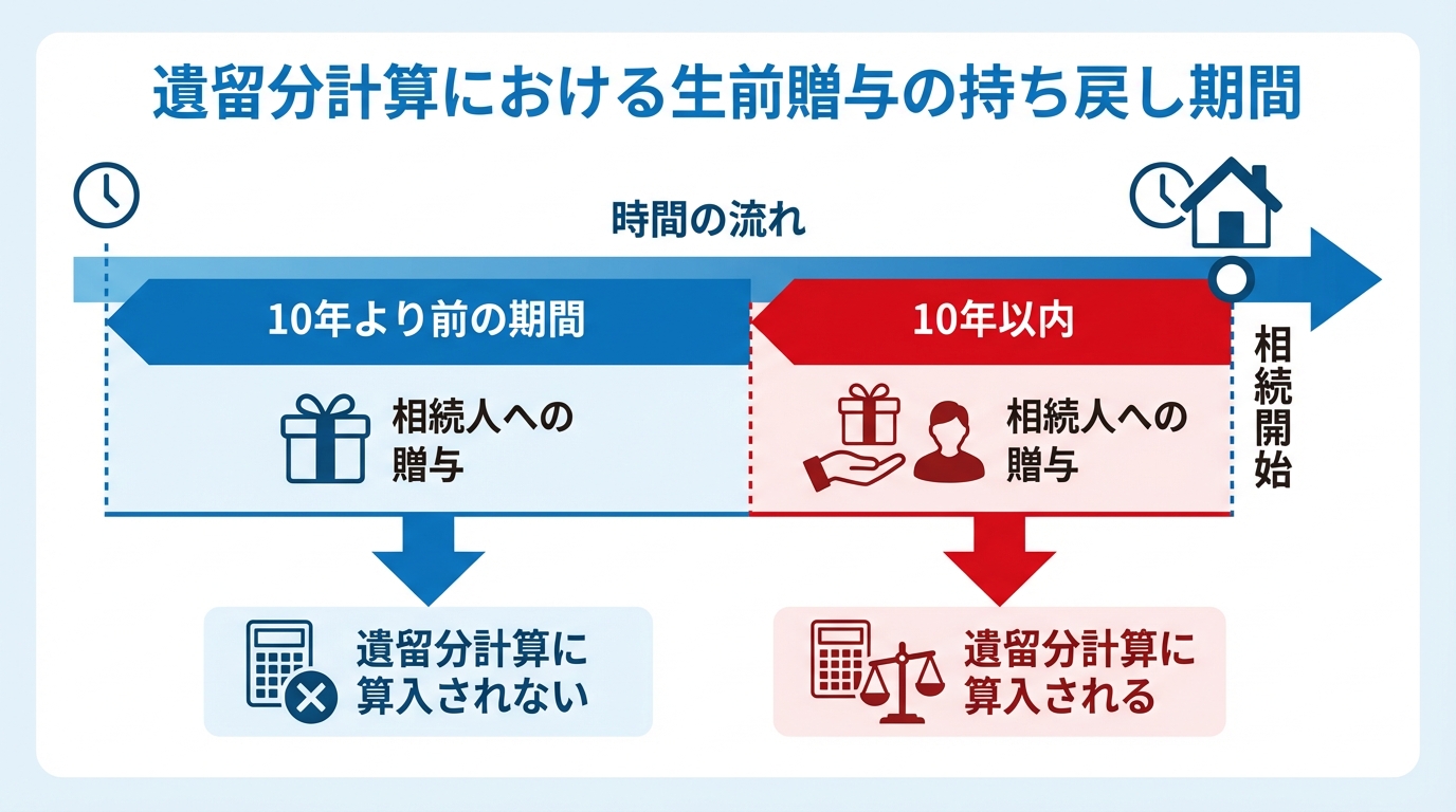 遺留分計算の基礎財産に算入される生前贈与の期間を示した図。相続開始前10年以内の贈与が対象となることを表している。