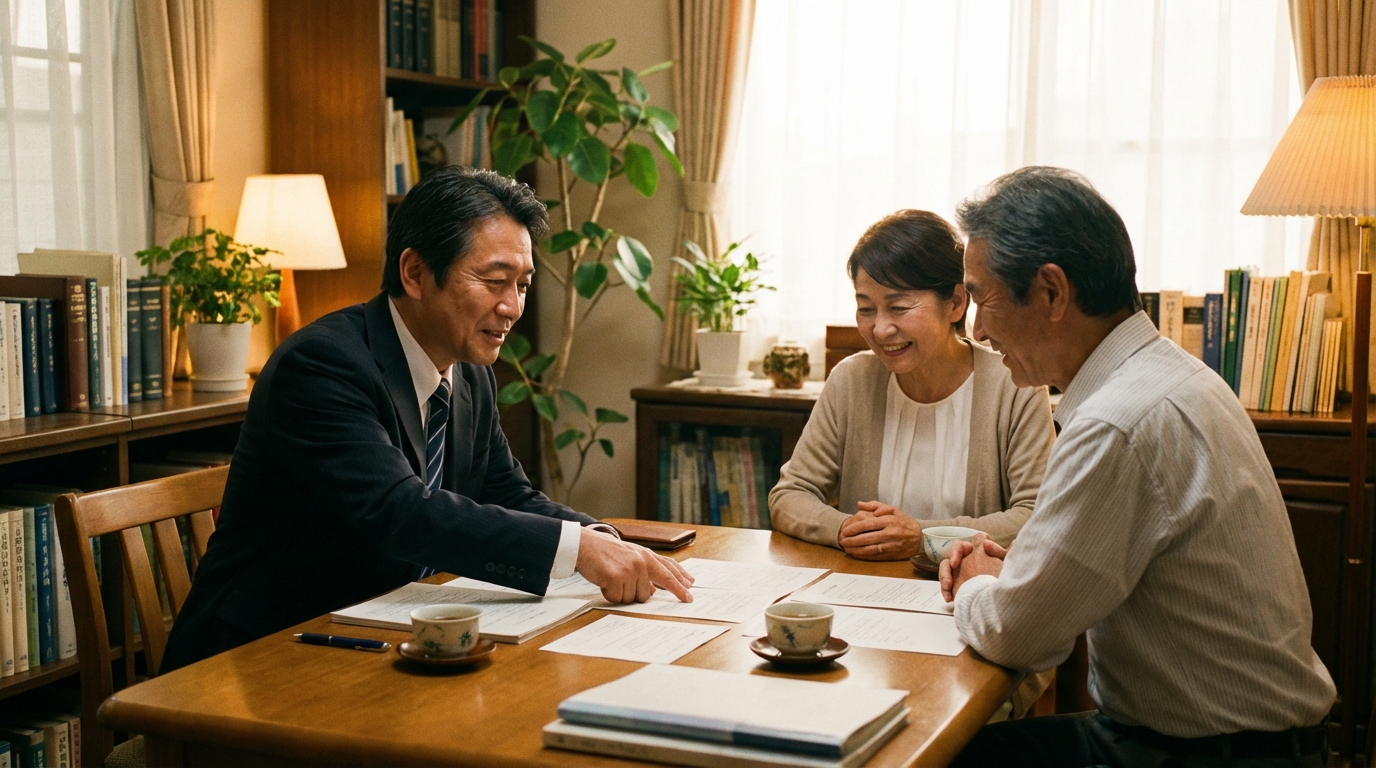 司法書士に相談し、安心した表情を浮かべる初老の夫婦